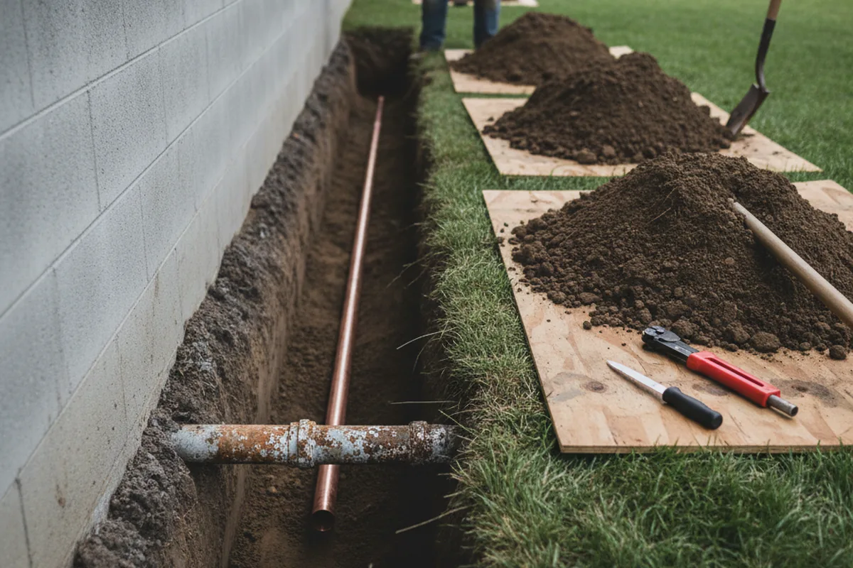 Excavated water line trench during Water Heater Repair in Kimper